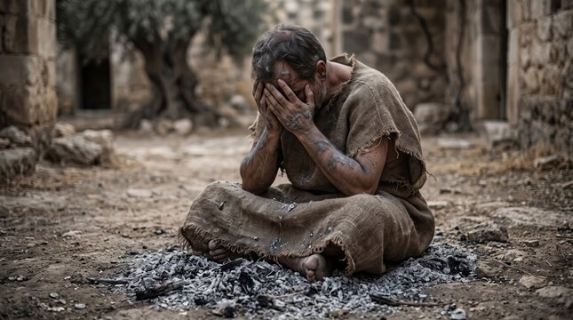 Biblical man sits in ashes, covering his face in grief. He wears clothing among the ruins of an ancient stone settlement. Religious concept of suffering, repentance, and faith.