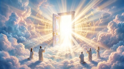 Obraz premium Men and women worship before a radiant door in heaven. Trumpets and clouds surround the divine light. Christian artwork represents salvation, hope, and eternal life.