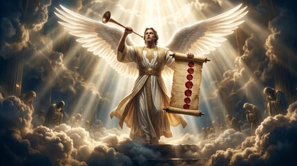 Obraz premium Male angel stands among heavenly clouds, sounding a trumpet and holding a sealed scroll. Radiant beams surround his wings. Religious symbolism of judgment and revelation.