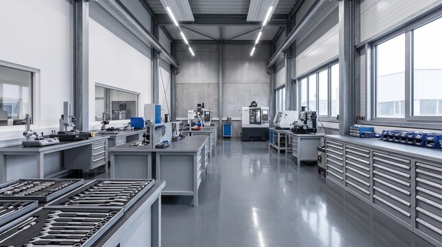 A modern industrial metrology laboratory features precision machinery and organized tool storage machining workshop engineering