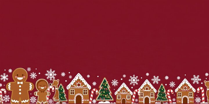 Christmas Gingerbread Village Border Banner with Gingerbread Men, Candy Canes, Decorated Houses, Trees, and Falling Snowflakes on Dark Red Background