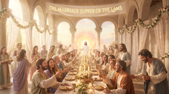 Jesus Christ welcomes guests to a sacred feast. A candlelit hall features flowers and arches. Christian fellowship evokes a heavenly celebration.