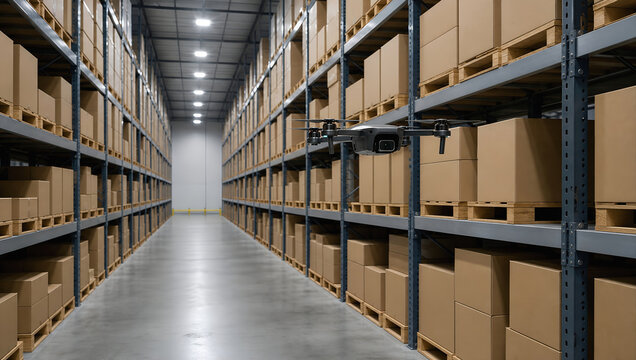 Warehouse inventory aisle with drone flying between stacked cardboard boxes on industrial storage shelves