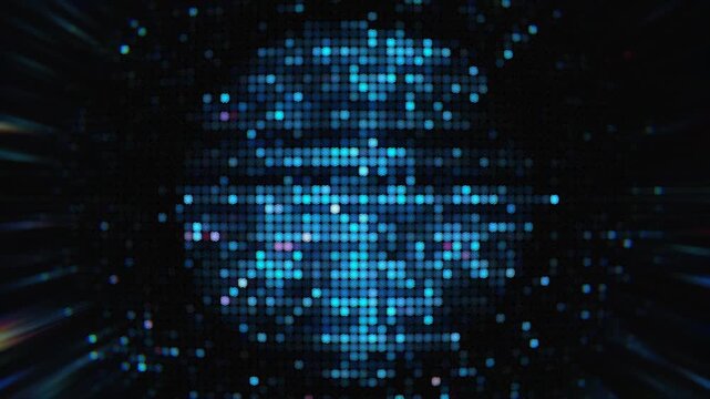 Futuristic technology background featuring a glowing sphere of blue and pink LED dots. Abstract representation of big data processing and artificial intelligence.