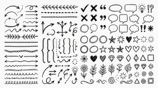 Large Collection of Hand Drawn Doodle Elements, Arrows, Speech Bubbles, Dividers, and Symbols for Graphic Design and Infographics