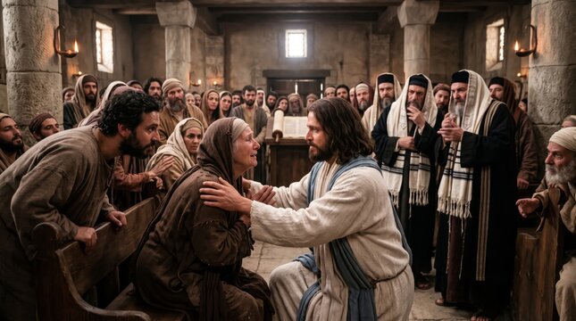 Jesus Christ comforts a distressed woman inside an ancient synagogue. Followers and religious leaders gather nearby. Biblical faith and compassion concept.
