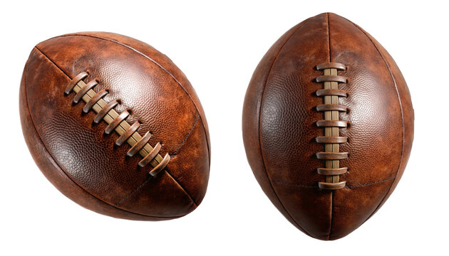 Vintage brown leather American football balls, isolated on transparent background