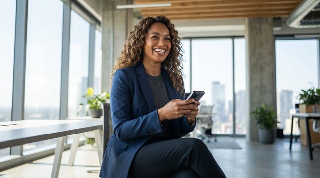 Smiling Black businesswoman using mobile payment app on smartphone in modern office setting, managing online banking digital financial transactions and strategic investments.