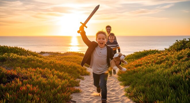 Joyful Childhood Adventure young boy running on coastal path holding toy sword and teddy bear at sunset with family ideal for family travel brochures and lifestyle marketing.