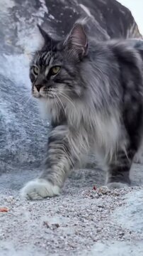 Majestic silver Maine Coon cat walking across a textured rocky terrain while looking ahead in this slow motion cinematic video clip showing feline grace and beauty.