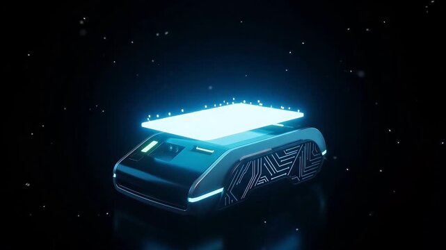 Close up of futuristic glowing device showing a digital circuit board and data transfer in a dark environment.