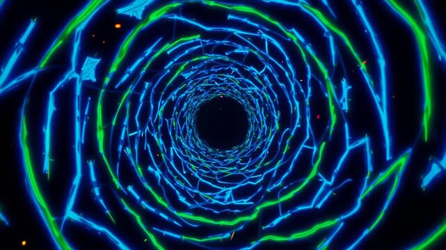 Abstract animated tunnel of concentric electric blue and green neon rings spiraling inward against a deep black background