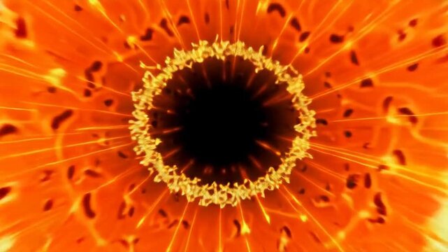 Abstract animated radial energy patterns shift from electric blue and green to vivid orange and yellow around a dark central void