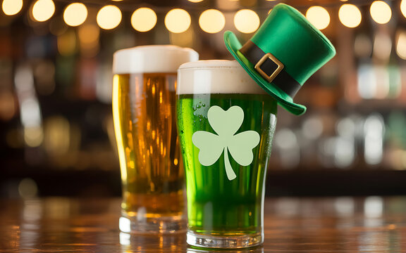 Pint of green lager beer and gold beer with clover and leprechaun hat leprechaun stpatricks