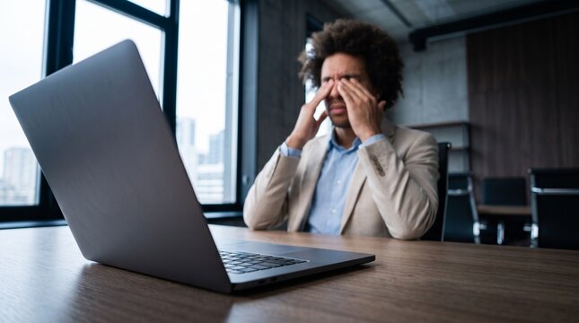 Stressed exhausted Black businessman rubbing tired eyes sitting in front of laptop in corporate office overworked male employee facing financial inflation crisis business burnout problem indoor