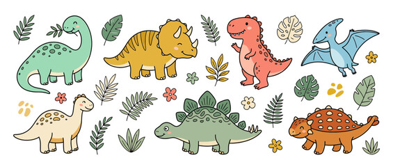 Cute Cartoon Dinosaurs Collection Isolated Transparent Background © Nanah