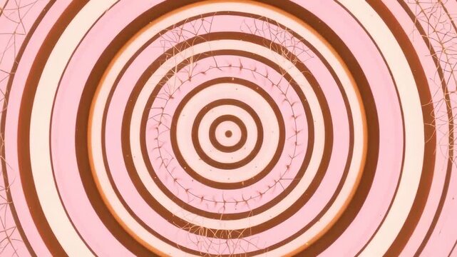 Abstract concentric circular rings in pink, cream, and brown create a hypnotic geometric pattern with distressed textured details