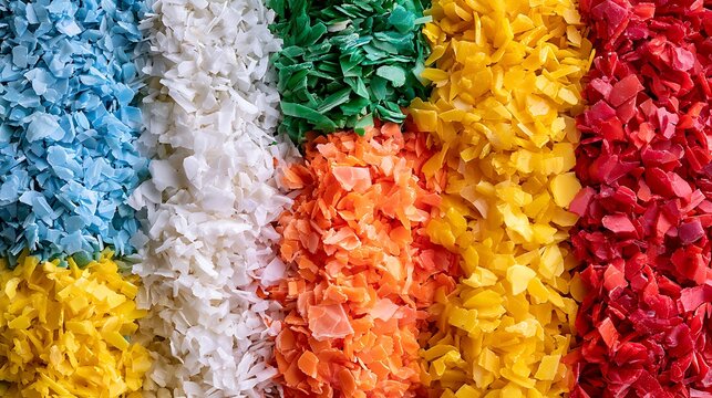 Colorful plastic flakes for recycling process in rows.