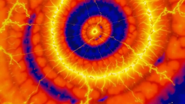 Abstract fiery spiral vortex with concentric orange, red, blue, and yellow rings resembling glowing plasma and branching lightning