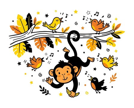 cute monkey hanging on branch with singing birds vector illustration in yellow orange and black colors for children design and wild animal graphics