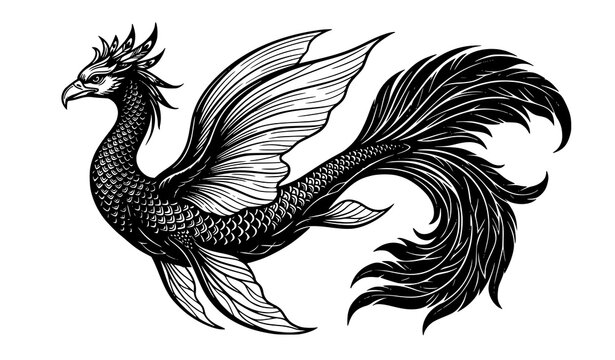 Mythical eagle headed fish tail creature black and white line art vector illustration hybrid bird phoenix design