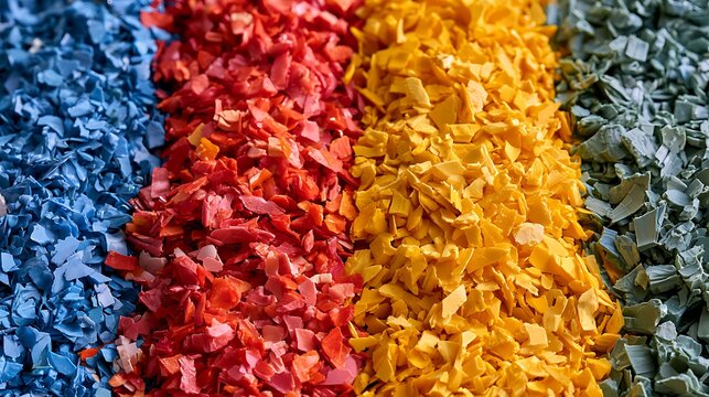 Abstract Background of Colorful Shredded Plastic Waste Fragments.