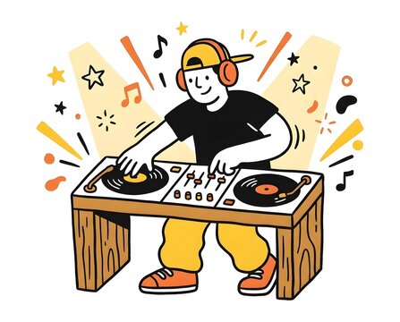hand drawn vector illustration of a young dj mixing music on turntables with colorful design elements and musical notes around the wooden console