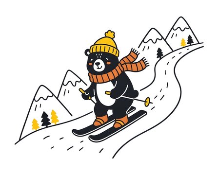 Cute black bear skiing on snowy mountain with yellow beanie hat and orange scarf in cartoon vector illustration for winter outdoor sports fun design