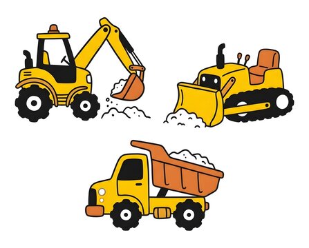 Cute yellow construction vehicles collection including excavator bulldozer and dump truck with sand in cartoon doodle style for children graphic design