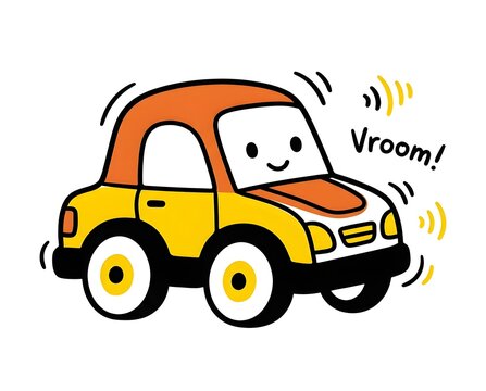 cute cartoon car driving with vibrant yellow and orange colors friendly vehicle character with smiling face moving fast isolated on white background