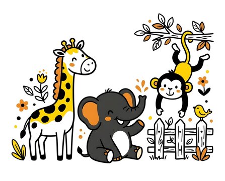 Cute safari animals illustration featuring giraffe elephant and monkey hanging from a tree in cheerful vector cartoon style for kids design