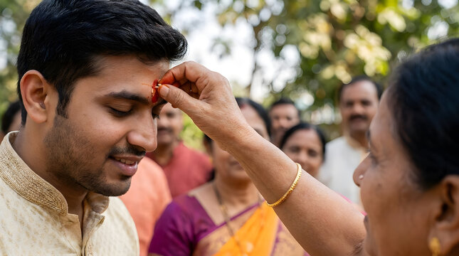 Sister applying traditional tilak on brother's forehead.