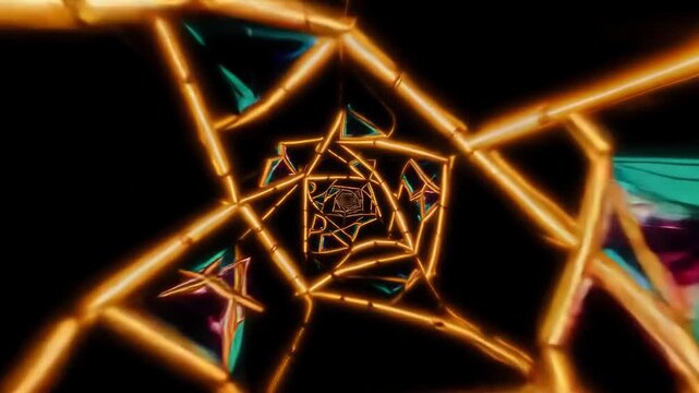 Abstract glowing orange geometric tunnel with nested angular shapes, cyan accents, and deep black space creating a futuristic motion illusion