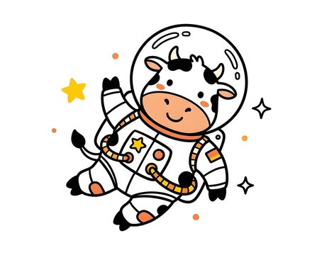 cute cow astronaut floating in space with stars in kawaii cartoon style vector illustration