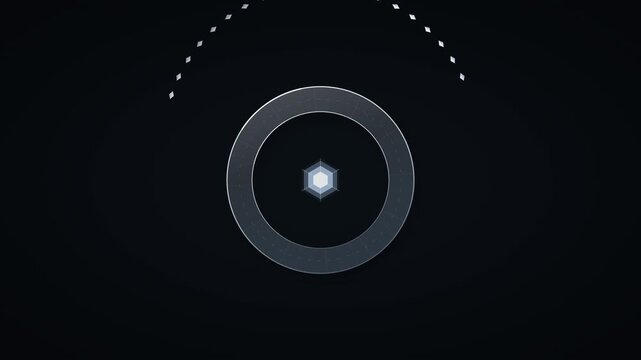Abstract Futuristic Gemini Code Animation with Glowing Hexagonal Interface and Rotating Geometric Rings