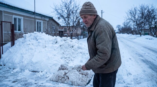 Elderly man shovel clearing snow pile street house village frustration ideal for community volunteer campaigns senior care services neighborhood newsletters and kindness initiatives