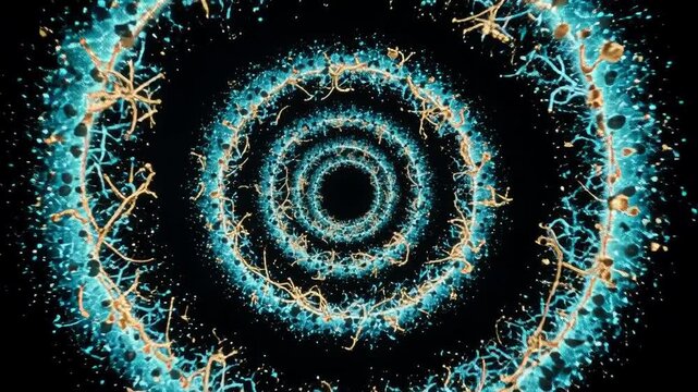 Abstract glowing turquoise concentric rings surrounded by intricate golden threads and sparkling particles on a black background