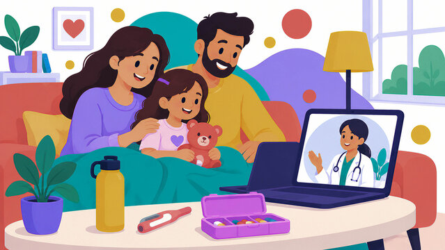 Family sits cozy on couch, sharing warmth. Mother smiles, holding child close to heart. Father beams, arms wrapped around loved one. Child hugs stuffed bear, eyes bright with joy