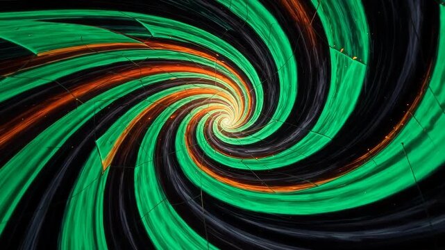 Abstract digital spiral of vivid emerald green, black, and orange ribbons twisting inward toward a hypnotic central vortex