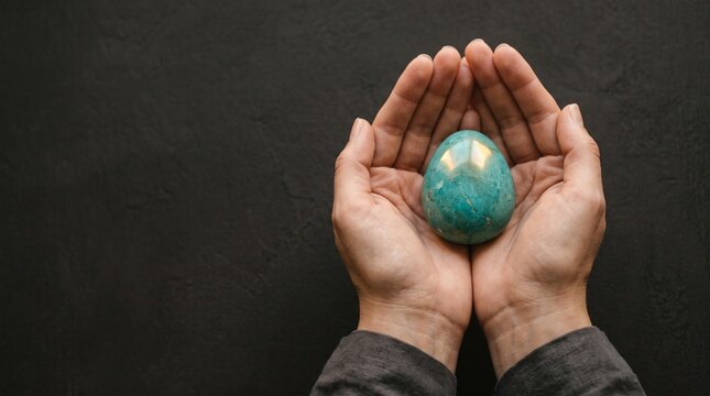 Hands holding polished turquoise stone egg for mental health wellness and spiritual healing on dark background with copy space