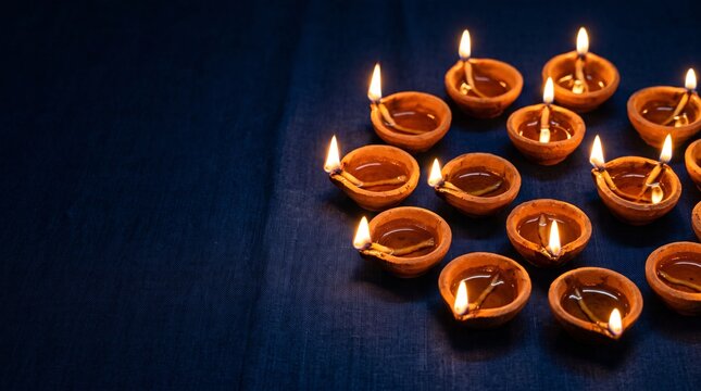 Glowing traditional clay diya lamps arranged in circle on dark background for diwali festival celebration with copy space