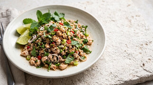Laos larb with herbs and lime on a ceramic plate