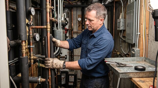 Technician fitting insulation around a basement pipe