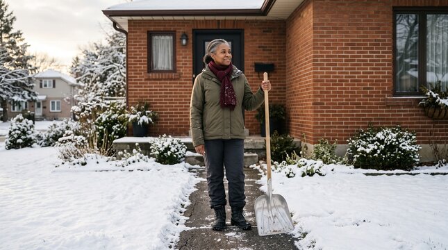 Woman pauses on a snowy walkway during shoveling
