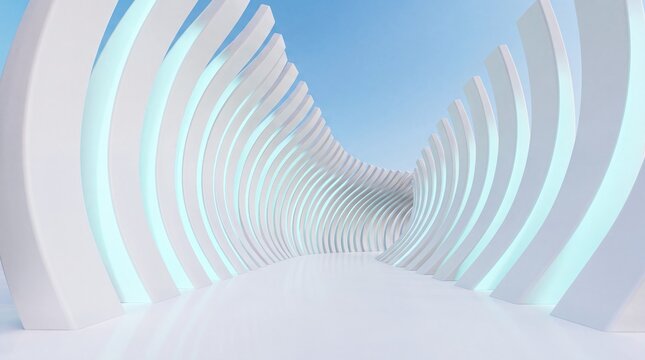 White teal ribbed corridor wave architecture futuristic perspective minimal flowing. White and teal ribs sweep into an elegant wave shaped corridor for commercial advertising architecture