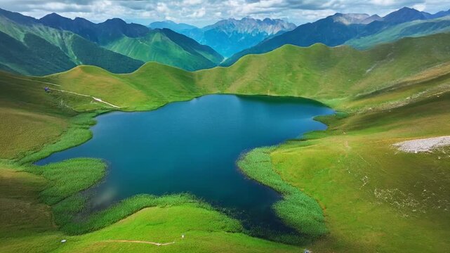 Serene mountain lake landscape with rolling green hills during golden hour cinematic motion