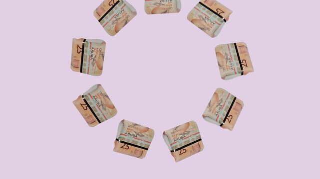 3D motion graphic loop of Aruba 25 Florin cash bundles in seamless loop, isolated green screen backdrop. Best for wealth management.