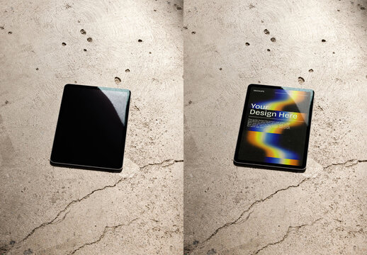 Mockup Of Customizable Tablet On Concrete Surface, Top View