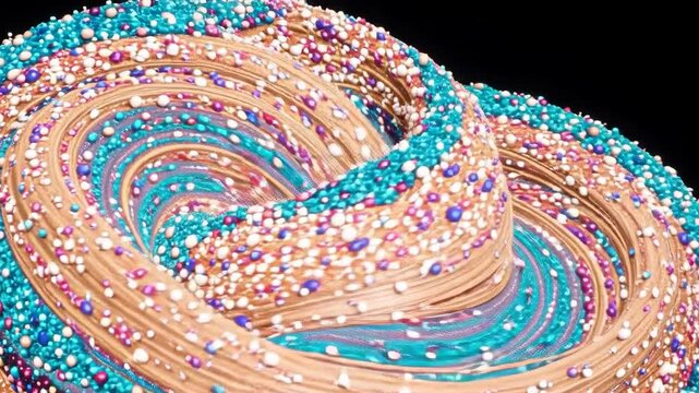 Abstract swirling composition of colorful beads and sparkling particles forming layered turquoise, pink, gold, and white circular patterns
