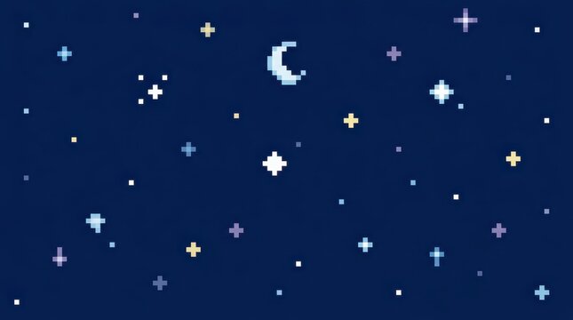 Pixel Art Night Sky Background with Crescent Moon and Twinkling Stars for Retro Gaming and Digital Design